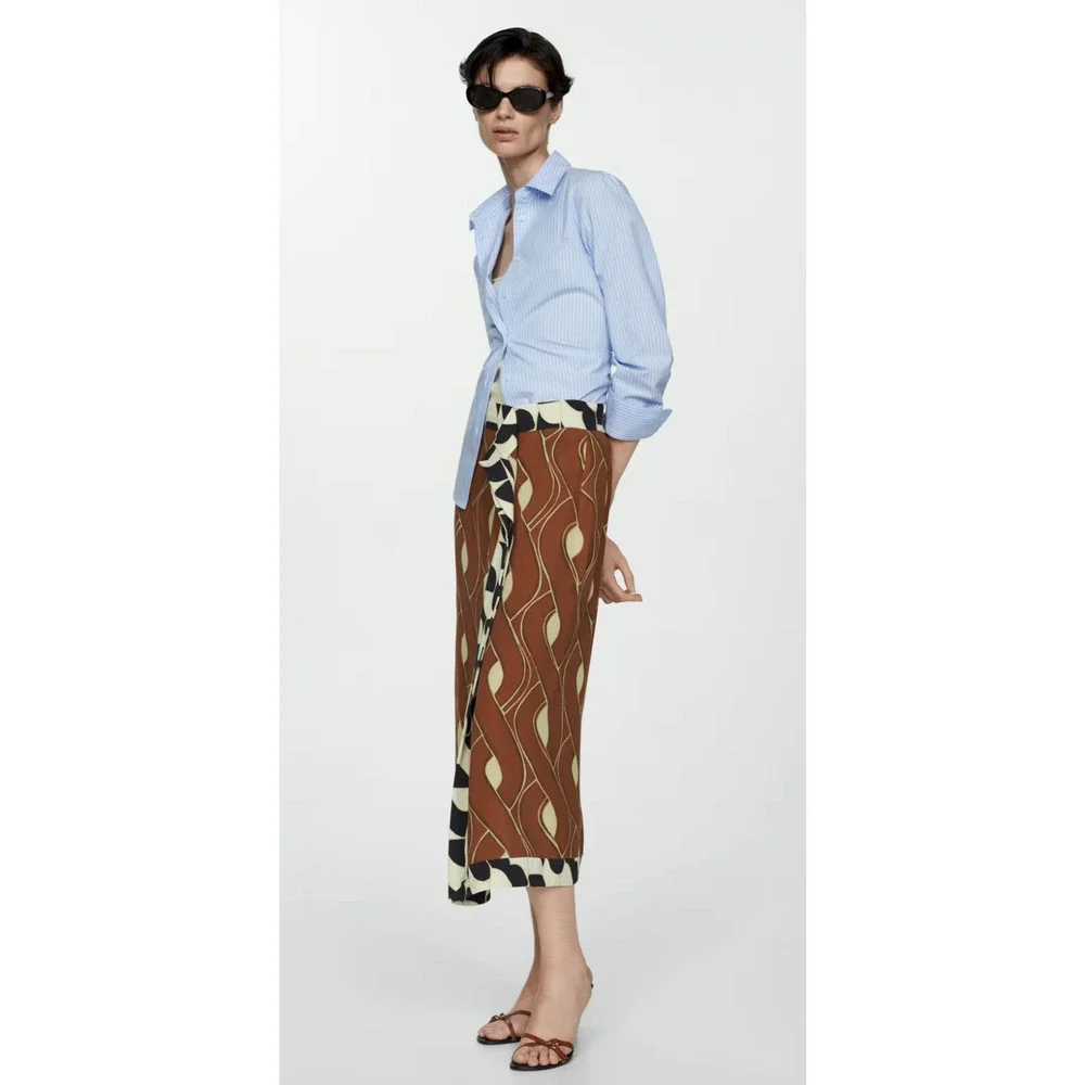NWT MANGO MNG BROWN RUFFLE PRINT MIDI SKIRT SZ M